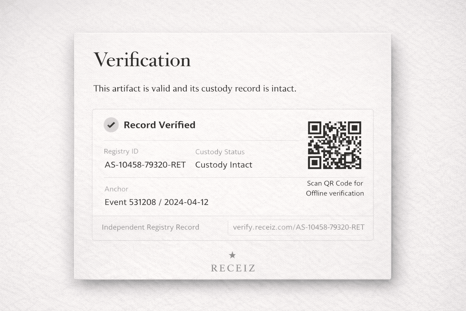 Verification screen showing Record Verified, registry ID, custody intact, and QR for offline verification.