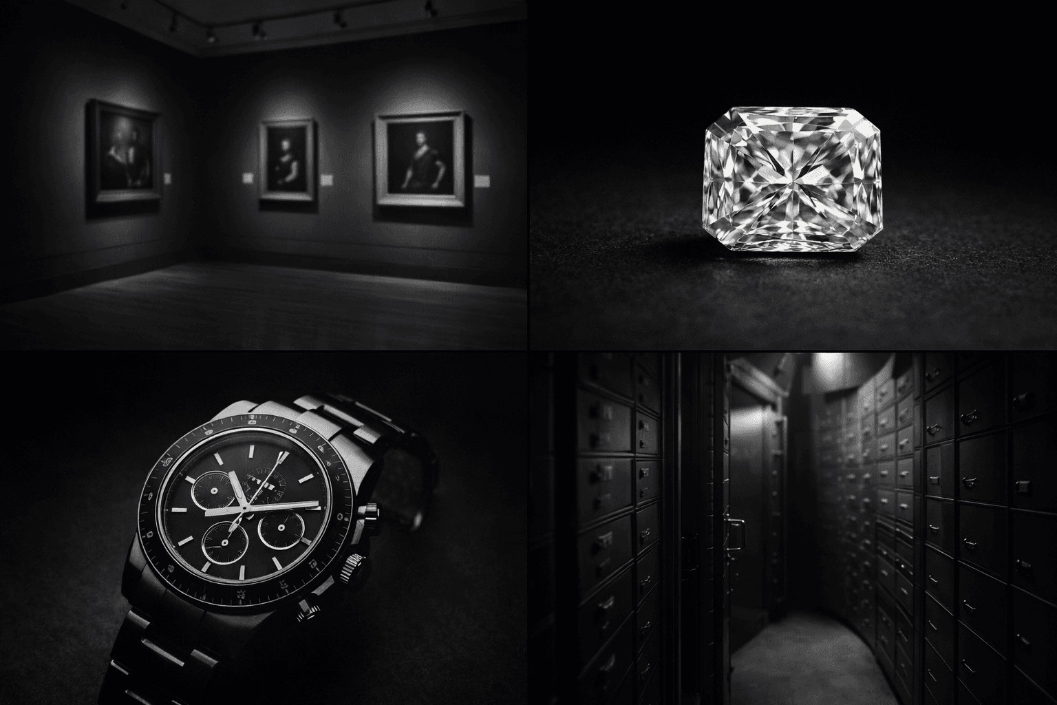 Asset categories grid: fine art, diamond, luxury watch, and vault storage.