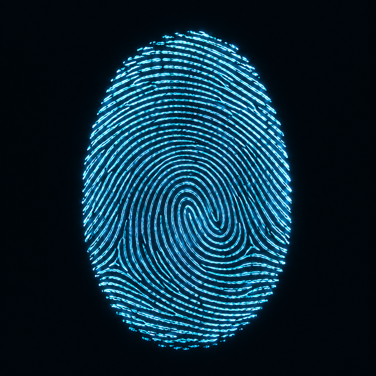 Luminous cyan fingerprint representing continuity of identity and authority
