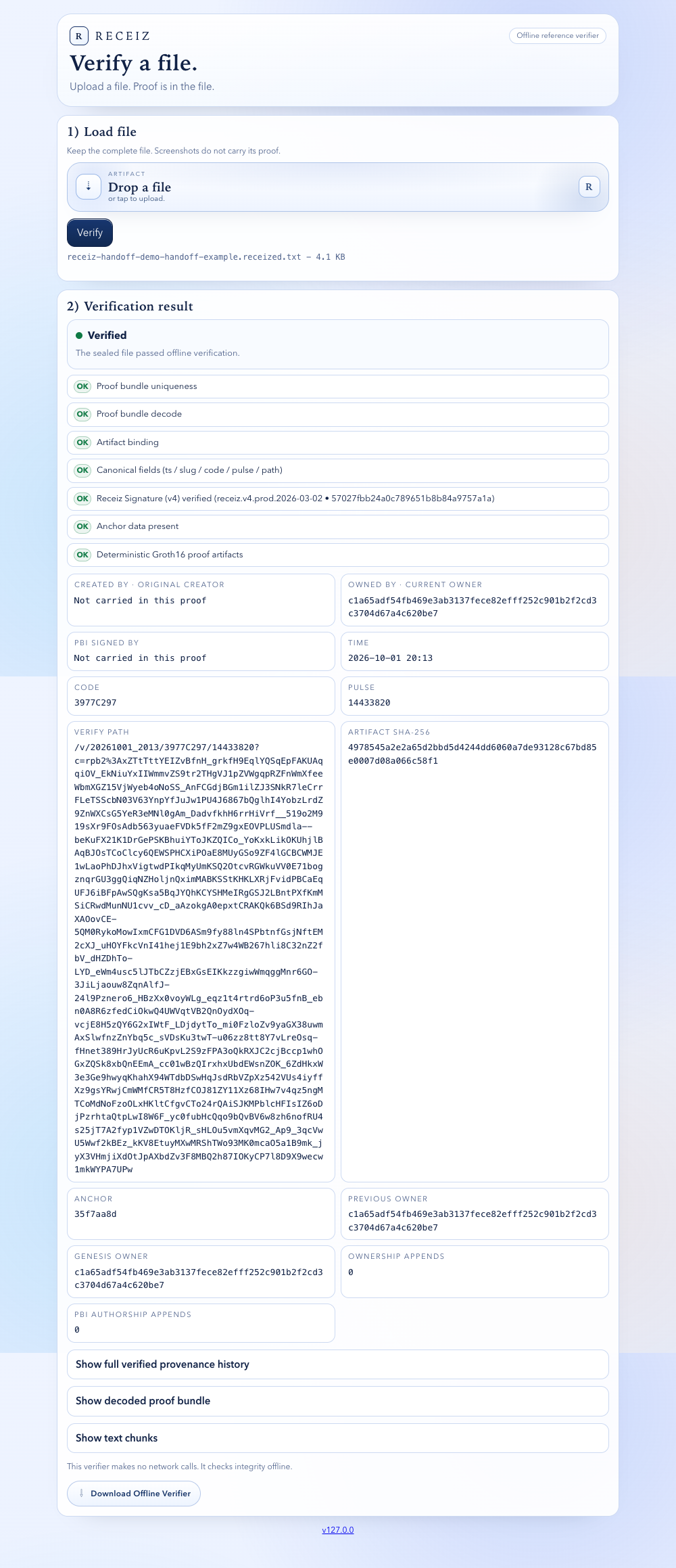 Actual standalone Receiz verifier showing Verified for the saved example, including successful artifact binding and Receiz Signature checks.